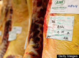 A picture taken on February 22, 2013 shows traceability labels on horsemeat at a slaughterhouse in the Belgian city of Charleroi. (VIRGINIE LEFOUR/AFP/Getty Images)