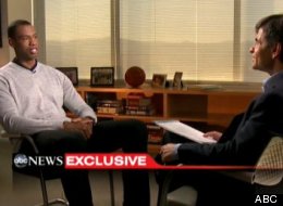 NBA basketball veteran Jason Collins, left, talks with television journalist George Stephanopoulos, Monday, April 29, 2013, in Los Angeles.