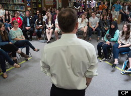 British Columbia NDP Leader Adrian Dix speaks to students at Westsyde Secondary School during a town hall election campaign stop in Kamloops B.C. on April 22. British Columbians go to the polls for a provincial election May 14. (THE CANADIAN PRESS/Darryl Dyck)