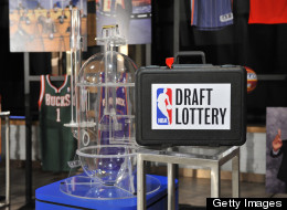 NBA basketball players, from left, Detroit Pistons' Andre Drummond, Portland Trailblazers' Damian Lillard and New Orleans Pelicans' Anthony Davis mingle onstage before the NBA basketball draft lottery, Tuesday, May 21, 2013 in New York. (AP Photo/Jason DeCrow)
