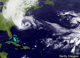 Hurricane Sandy churns off the East Coast on October 28, 2012. (Photo by NASA via Getty Images)