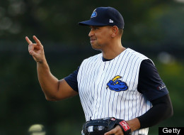 Alex Rodriguez of the New York Yankees signals two outs in a rehab game for the Trenton Thunder against the Reading Fightin Phils at Arm & Hammer Park on August 2, 2013 in Trenton, New .Jersey.