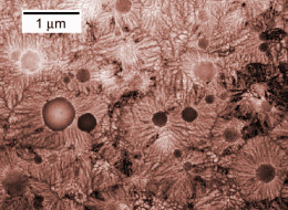 This highly magnified image shows the odd microstructure of this aluminum-iron-silicon mixture that scientists are calling q-glass.