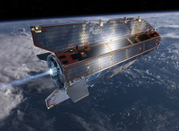 Artist's conception of the European Space Agency's Gravity field and steady-state Ocean Circulation Explorer (GOCE) satellite in orbit. The $450 million satellite launched in 2009 to study Earth's gravity field in unprecedented detail and will fall to Earth in 2013.