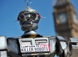 A mock 'killer robot' is pictured in central London