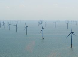 An aerial view of a new offshore wind farm near Grimbsy, England on August 1, 2013. (Photo by Anna Gowthorpe/WPA-Pool/Getty Images)