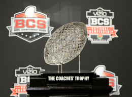 The Coaches' Trophy is on display during the Vizio BCS National Championship media day news conference January 4, 2014 in Newport Beach, California. (Photo by Kevork Djansezian/Getty Images)
