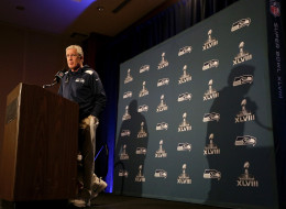 Head coach Pete Carroll of the Seattle Seahawks addresses the media during Super Bowl XLVIII media availability at the Westin Hotel January 27, 2014 in Jersey City, New Jersey.