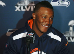 Demaryius Thomas of the Denver Broncos speaks to the media during Super Bowl XLVIII media availability Jan. 27, 2014, in Jersey City, N.J. The Denver Broncos and Seattle Seahawks will meet at Super Bowl XLVIII at Metlife Stadium on Feb. 2, 2014.