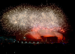 Fireworks light up the sky over the Fisht Olympic Stadium at end of the opening ceremony of the Sochi 2014 Winter Olympics on February 7, 2014.
