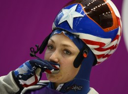 Katie Uhlaender takes part in a women Skeleton official training at the Sanki Sliding Center in Rosa Khutor during the Sochi Winter Olympics on February 10, 2014.