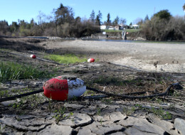 A rope float sits on the dry banks of the Russian River at Healdsburg Veterans Memorial Beach Park on February 21, 2014 in Healdsburg, California. (Photo by Justin Sullivan/Getty Images)