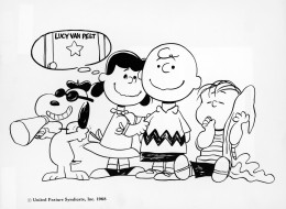 Snoopy, Lucy. Charlie Brown, and Linus stand in a line in a drawing from the Charles Schultz (1922 - 2000) comic strip, 'Peanuts,' 1968. (Fotos International/Courtesy of Getty Images)