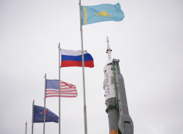 The Soyuz TMA-12M spacecraft sits on the launch pad after being erected March 23, 2014 at the Baikonur Cosmodrome in Kazakhstan.
