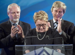 Parti Quebecois leader Pauline Marois acknowledges the crowd at the party's electionheadquarters on April 7 in Montreal, Que. (THE CANADIAN PRESS/Ryan Remiorz)