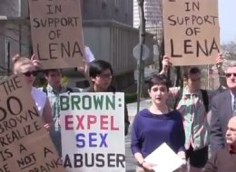 Lena Sclove stands with student supporters on Brown University's campus Tuesday speaking about how the school handled her sexual assault case.