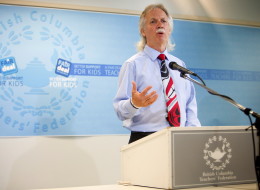 Jim Iker, president of the B.C. Teachers' Federation, announces the union has served strike notice during a press conference in Vancouver on Thursday.