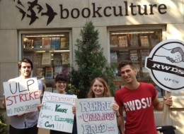 Protesters outside Book Culture on Wednesday. Photo courtesy RWDSU.