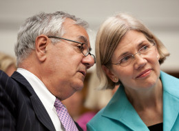 Rep. Elizabeth Warren (D-Mass.) and former Rep. Barney Frank (D-Mass.), who said he is supportive of activists' campaign to get Warren to run for president in 2016. (Photo by Brendan Hoffman/Getty Images)