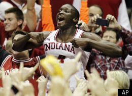 Indiana's Victor Oladipo reacts after Indiana defeated Kentucky 73-72 in an NCAA college basketball game, Saturday, Dec. 10, 2011, in Bloomington, Ind. (AP Photo/Darron Cummings)