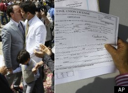 One of the first couples to register for a civil union in Illinois celebrates in Millennium Park in June (left). A civil union certificate (right).