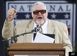 Longtime Philadelphia sports writer Bill Conlin speaks after receiving the J.G. Taylor Spink Award during a ceremony at Doubleday Field in Cooperstown, N.Y., on Saturday, July 23, 2011. (AP Photo/Mike Groll)