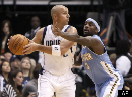 Denver Nuggets guard Ty Lawson (3) defends Dallas Mavericks guard Jason Kidd (2) during the first half of an NBA basketball game, Monday, Dec. 26, 2011, in Dallas. The Nuggets won 115-93. (AP Photo/Brandon Wade)