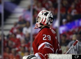 Team Canada's goalie Mark Visentin, from Waterdown, Ont., looks to the scoreboard after Russia scored during third period IIHF World Junior Championships semi-final hockey action in Calgary, Alta., Tuesday, Jan. 3, 2012.