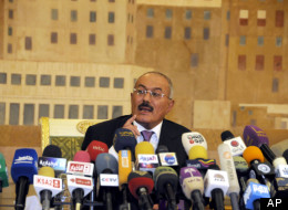 In this Dec. 24, 2011 file photo, Yemen's President Ali Abdullah Saleh speaks during a news conference at the Presidential Palace in Sanaa, Yemen. (AP Photo/Mohammed Hamoud, File)