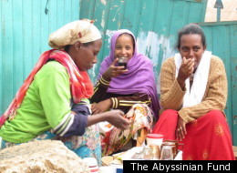 A group of women drinking coffee in Chaffee Jenette, a remote village in the eastern highlands of Ethiopia, where the Abyssinian Baptist Church in Harlem is helping coffee farmers grow better crops.