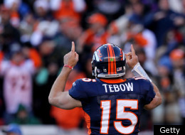 DENVER, CO - JANUARY 08: Tim Tebow #15 of the Denver Broncos celebrates after running the ball in the end zone for a touchdown in the second quarter against the Pittsburgh Steelers during the AFC Wild Card Playoff game at Sports Authority Field at Mile High on January 8, 2012 in Denver, Colorado. (Photo by Jeff Gross/Getty Images)