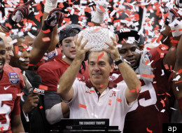 Alabama head coach Nick Saban celebrates with his team after the BCS National Championship college football game against LSU Monday, Jan. 9, 2012, in New Orleans. Alabama won 21-0. (AP Photo/Gerald Herbert)