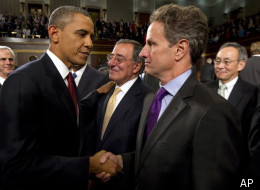 Treasury Secretary Timothy Geithner and President Barack Obama shake hands following the State of the Union address on January 24, 2012.