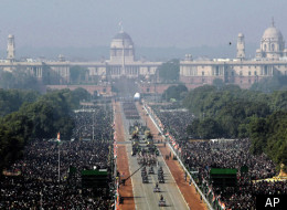 In this hand out picture released by Defense Public Relations office, Indian army soldiers march in formation on Rajpath with Indian presidential palace, center, during the main Republic Day parade in New Delhi, Thursday, Jan. 26, 2012. (AP)