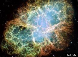A Hubble Space Telescope picture of the Crab Nebula, a cloud of dust and gas left over from a supernova