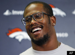Denver Broncos first round draft pick Von Miller smiles as he responds to questions during a news conference at the team's football training facility in Englewood, Colo., on Tuesday, July 26, 2011, the day after the NFL lockout ended. (AP Photo/Ed Andrieski)
