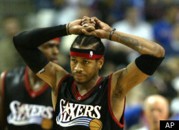 Philadelphia 76ers guard Allen Iverson shows his frustration during the second quarter of Game 2 of their NBA playoff series against the Detroit Pistons at the Palace of Auburn Hills, Mich., Tuesday, April 26, 2005. (AP Photo/Paul Sancya)