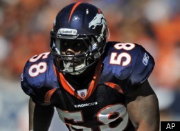 FILE - In this Sept. 18, 2011 file photo, Denver Broncos outside linebacker Von Miller lines up against the Cincinnati Bengals during an NFL football game, in Denver. Be on the lookout Matt Cassel, Miller has made it his mission to pay respect to his boyhood idol by sacking the Kansas City Chiefs quarterback over and over Sunday. (AP Photo/Jack Dempsey, File)