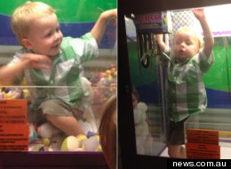 Noah Jeffrey climbed into an arcade game in a Ballarat restaurant, this weekend