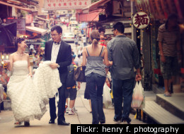 Newlyweds on the streets of Hong Kong.