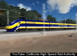 An artists rendering of the proposed California High Speed Rail running along the Caltrain corridor.