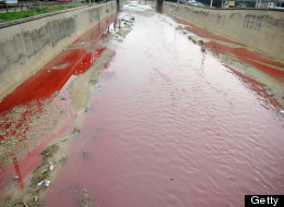 Blood red river: The river, which divides the east and western suburbs of Beirut turned an eerie shade of red last week