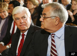 Senate Banking Committee Chairman Christopher Dodd, D-Conn., left, and House Financial Services Committee Chairman Barney Frank, D-Mass. take their seats in the East Room of the White House in Washington, Friday, Oct. 9, 2009, prior to President Barack Obama delivering remarks on regulatory reform. (AP)