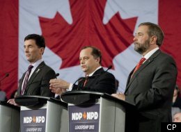 Paul Dewar, Brian Topp and Thomas Mulcair at the NDP leadership debate in Ottawa on Dec. 4, 2011. (CP)