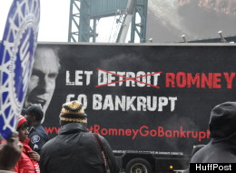 Around 250 auto workers and supporters marched in Detroit Friday, Feb. 24, 2012 in advance of Presidential candidate Mitt Romney's speech on tax policy at Ford Field.