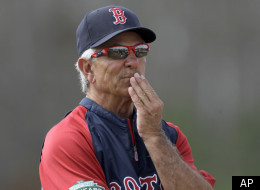 Boston Red Sox manager Bobby Valentine watches over a baseball spring training workout Tuesday, Feb. 28, 2012, in Fort Myers, Fla. (AP Photo/David Goldman)