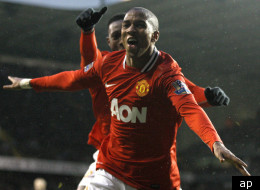 Ashley Young celebrates goal versus Tottenham.