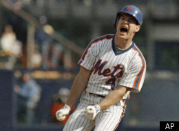 New York Mets centerfielder Len Dykstra yells out a cheer after hitting a double in game five of the National League Championship Series at Shea Stadium in New York, Oct. 11, 1988, where the Los Angeles Dodgers beat the Mets 7-4. (AP Photo/Ron Frehm)