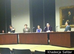 From left to right, Dean Starkman, editor of The Audit at the Columbia Journalism Review; Jeff Horwitz, reporter at American Banker; Suzanne Kapner, banking reporter at The Wall Street Journal; Felix Salmon, the finance blogger at Reuters, and Larry Ingrassia, the business editor of The New York Times.