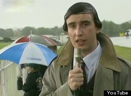 Alan Partridge soldiers on despite the weather during a day at the races